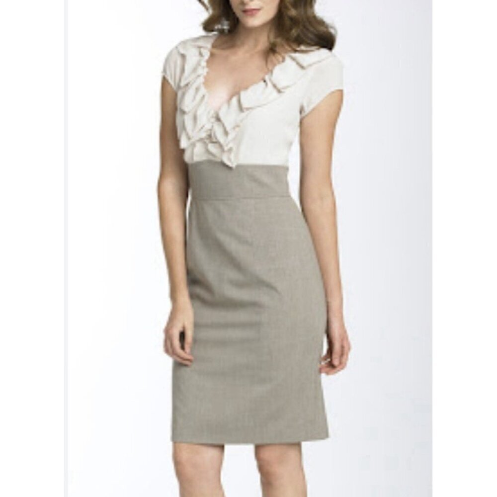 Rebecca Taylor Dress Womens 8 Beige Ruffle Silk Cap Sleeve Wool Blend Pencil
